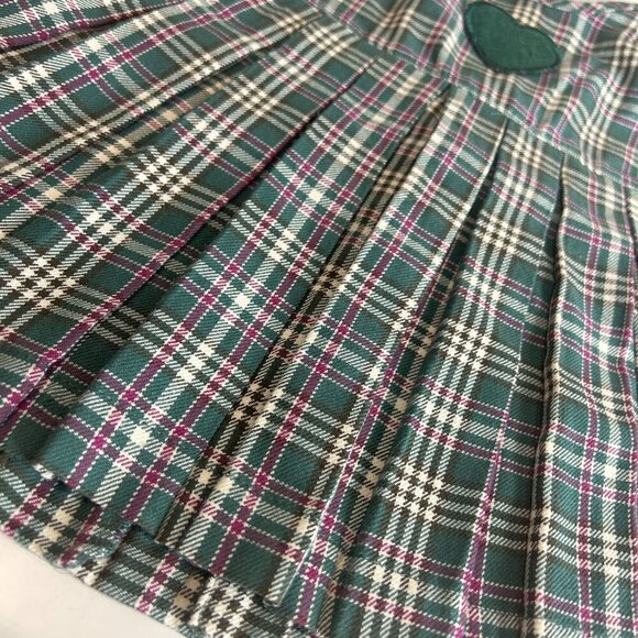 Vintage Baby Gap Green Purple Plaid Jumper Dress Sz 3-6 M Pleated Heart Applique - Picture 6 of 7